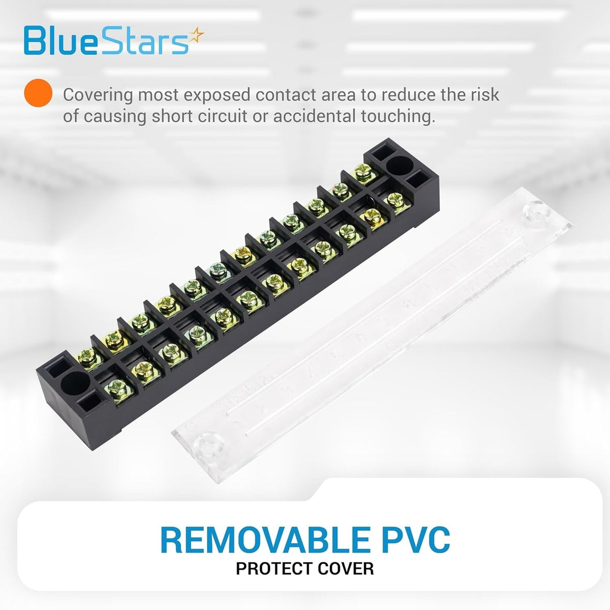12-position terminal strip block with a removable clear PVC protective cover for electrical safety.