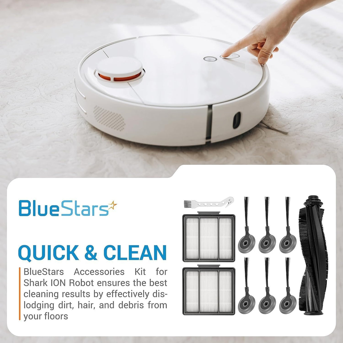 BlueStars accessories kit for Shark ION robot vacuum including roller brush, side brushes, and filters.