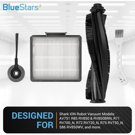 Replacement roller brush, filter, side brush, and cleaning tool for Shark ION robot vacuum cleaners.