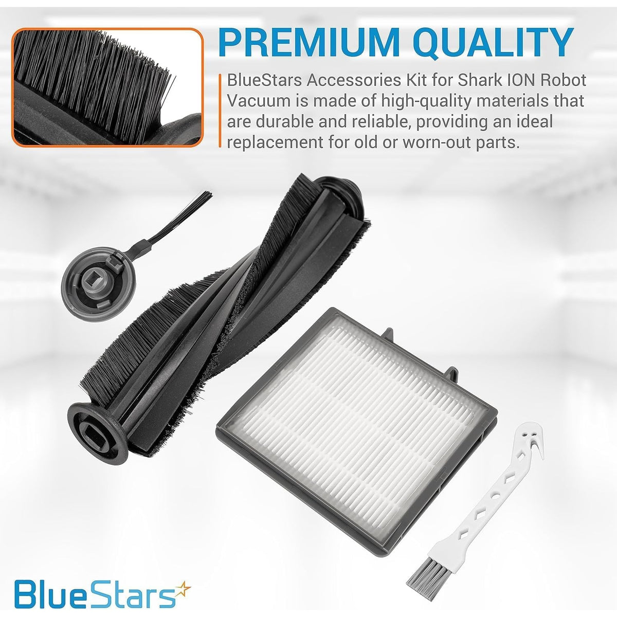 BlueStars replacement roller brush, side brush, filter, and cleaning tool for Shark ION robot vacuum cleaners.