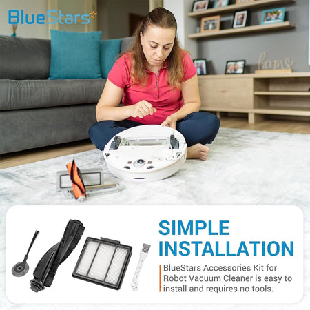 Woman installing replacement parts from a Shark ION robot vacuum accessories kit.