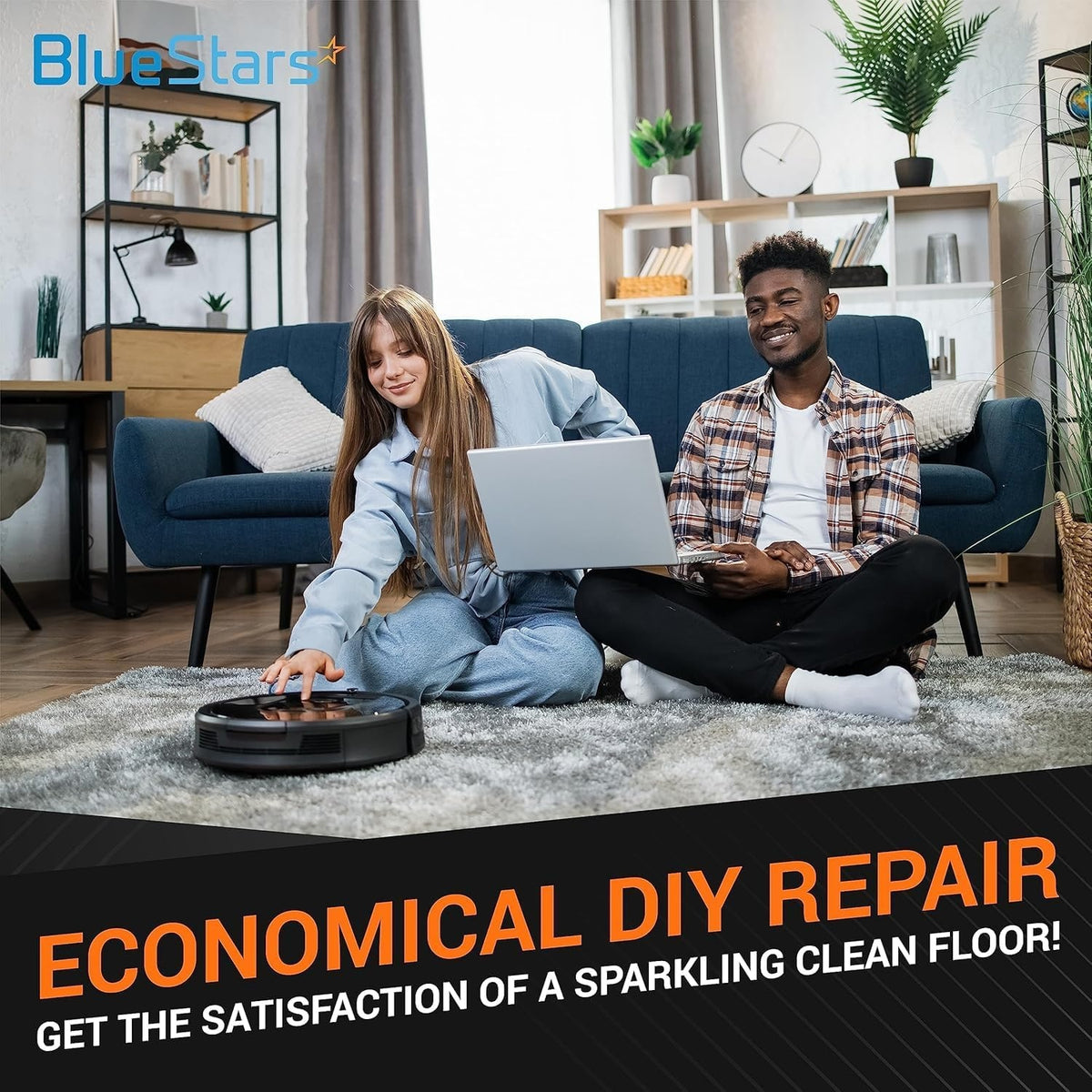 Couple using a Shark ION robot vacuum cleaner in a living room for DIY home maintenance.