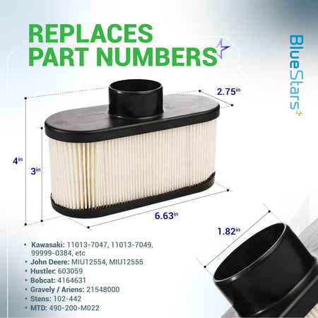 Replacement air filter for Kawasaki engines with labeled dimensions and compatible part numbers.