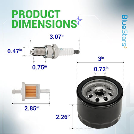 Dimensional diagram showing spark plug, fuel filter, and oil filter for Kawasaki FR691V engine tune up kit.