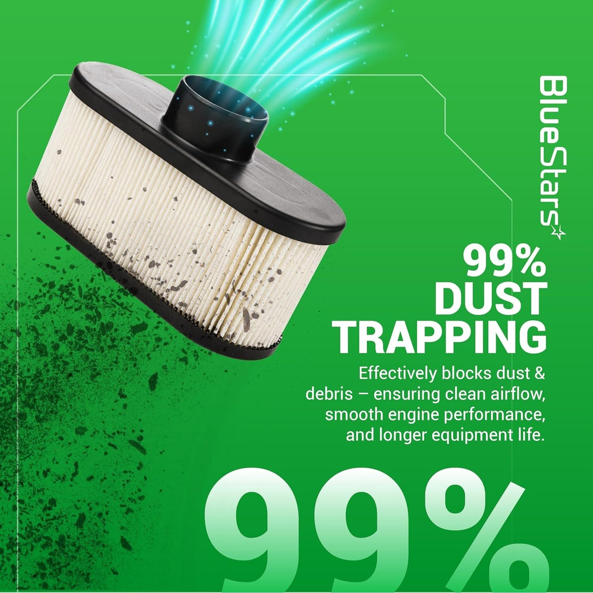 Replacement air filter for Kawasaki FR and FS series engines featuring 99% dust trapping efficiency.