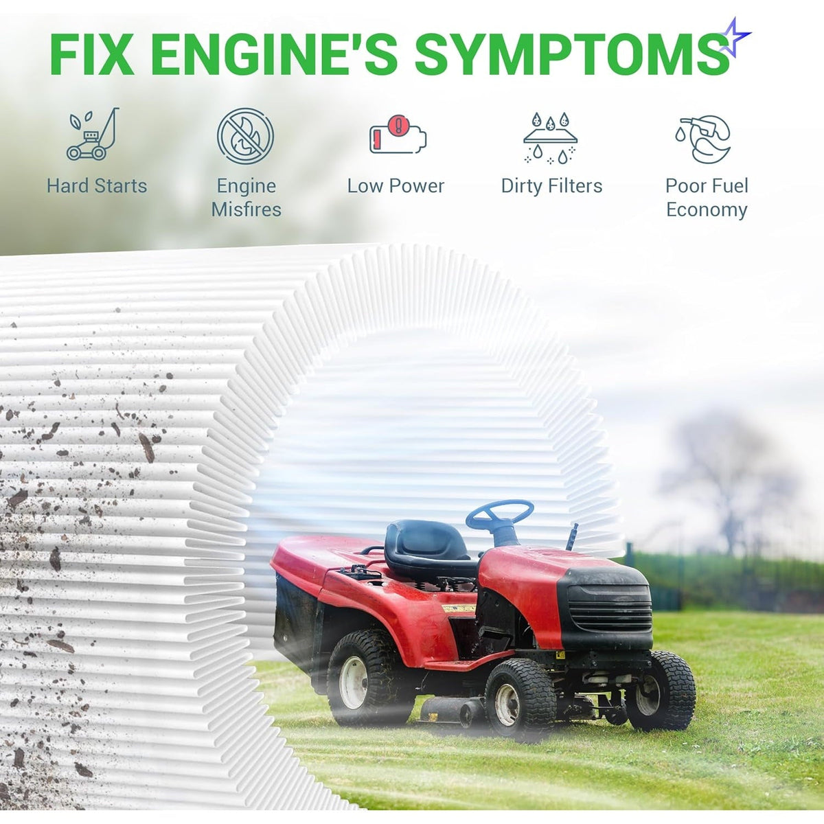 Infographic showing how FR691V tune up kit filters fix lawn mower engine performance issues like misfires and low power.