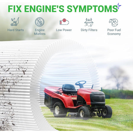 Infographic showing how FR691V tune up kit filters fix lawn mower engine performance issues like misfires and low power.