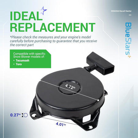 590420A recoil starter for Tecumseh and Toro snow blowers with labeled dimensions.