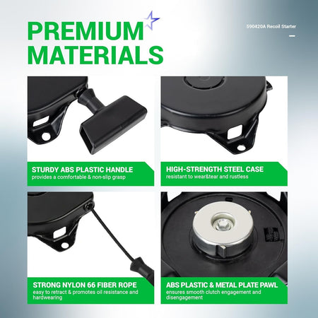 Infographic showing premium material features of the 590420A recoil starter including handle, steel case, rope, and pawl.