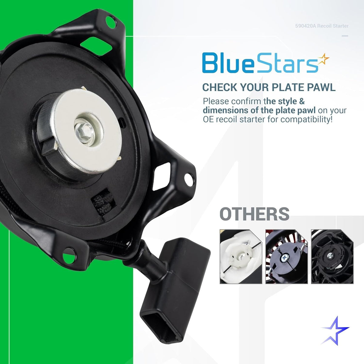590420A recoil starter assembly showing plate pawl detail and compatibility comparison guide.