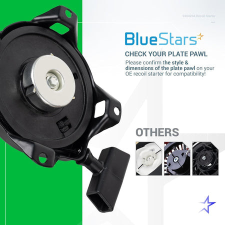 590420A recoil starter assembly showing plate pawl detail and compatibility comparison guide.