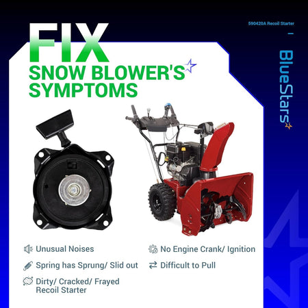 590420A Recoil Starter replacement part shown with a snow blower to illustrate common repair symptoms.
