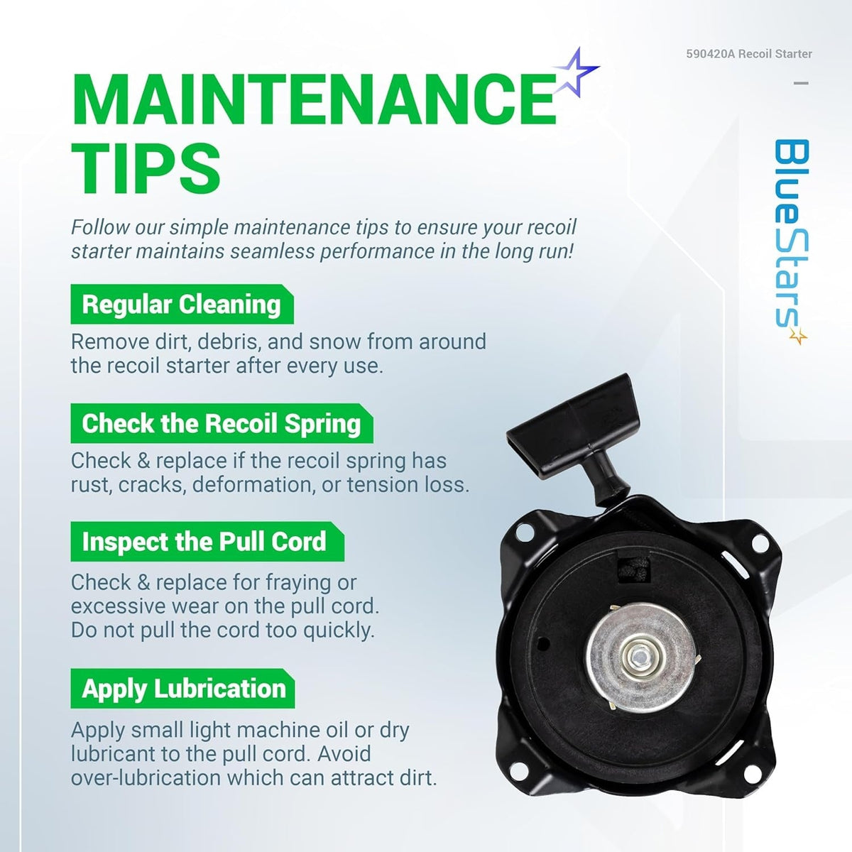 Infographic showing maintenance tips for the 590420A recoil starter assembly.