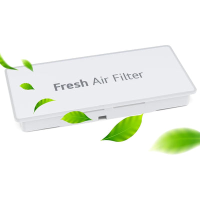 White refrigerator fresh air filter cover for LG and Kenmore refrigerators.