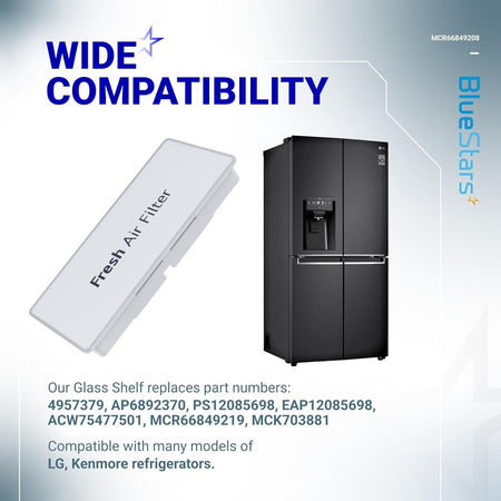Refrigerator air filter cover MCR66849208 for LG and Kenmore refrigerators with compatibility information graphic.