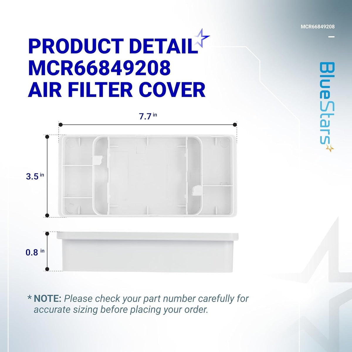 MCR66849208 refrigerator air filter cover dimensions diagram showing 7.7-inch length, 3.5-inch width, and 0.8-inch depth.