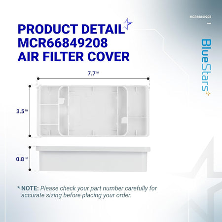 MCR66849208 refrigerator air filter cover dimensions diagram showing 7.7-inch length, 3.5-inch width, and 0.8-inch depth.