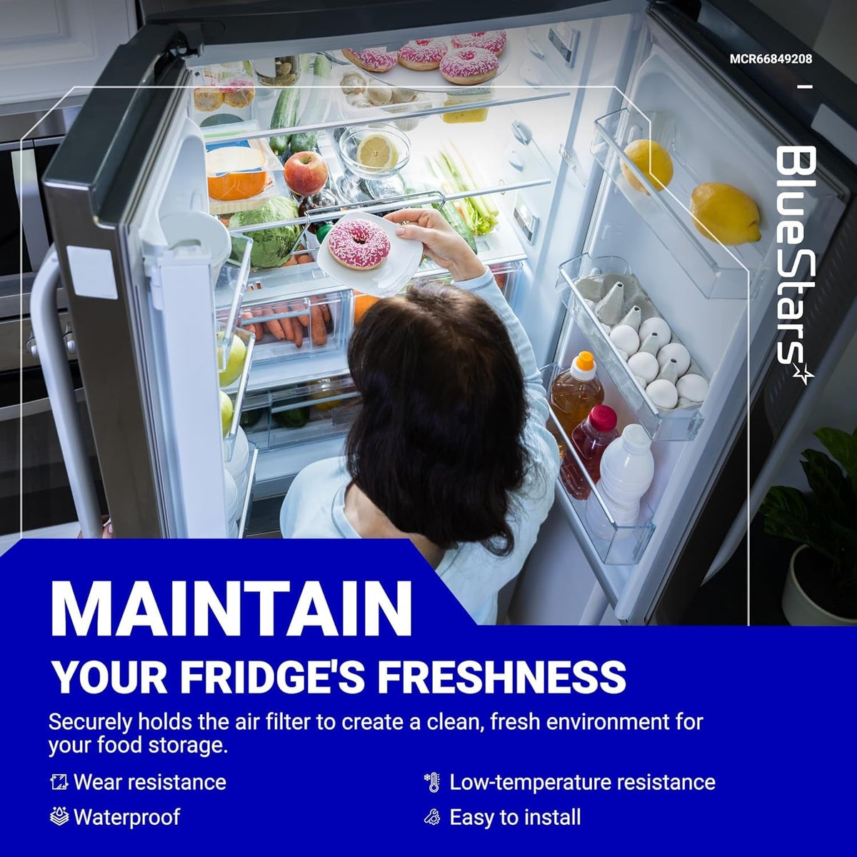 BlueStars MCR66849208 refrigerator air filter cover lifestyle graphic showing a clean, organized fridge interior.