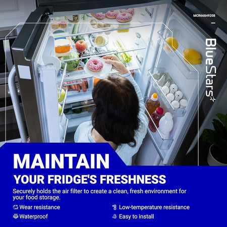 BlueStars MCR66849208 refrigerator air filter cover lifestyle graphic showing a clean, organized fridge interior.