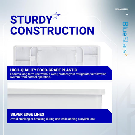 Infographic showing sturdy construction and food-grade plastic features of MCR66849208 refrigerator air filter cover.