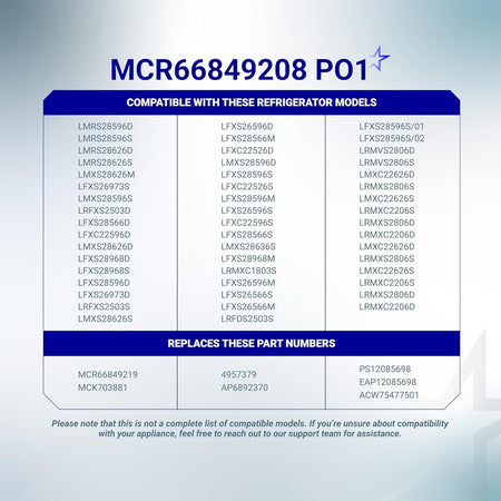 Compatibility chart for MCR66849208 refrigerator air filter cover listing compatible LG and Kenmore model numbers.