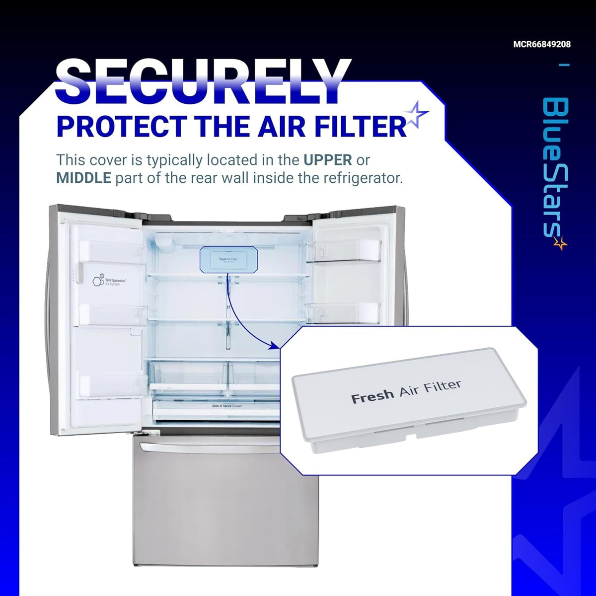 Diagram showing MCR66849208 refrigerator air filter cover installation location inside an LG refrigerator.