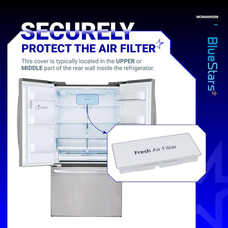 Diagram showing MCR66849208 refrigerator air filter cover installation location inside an LG refrigerator.