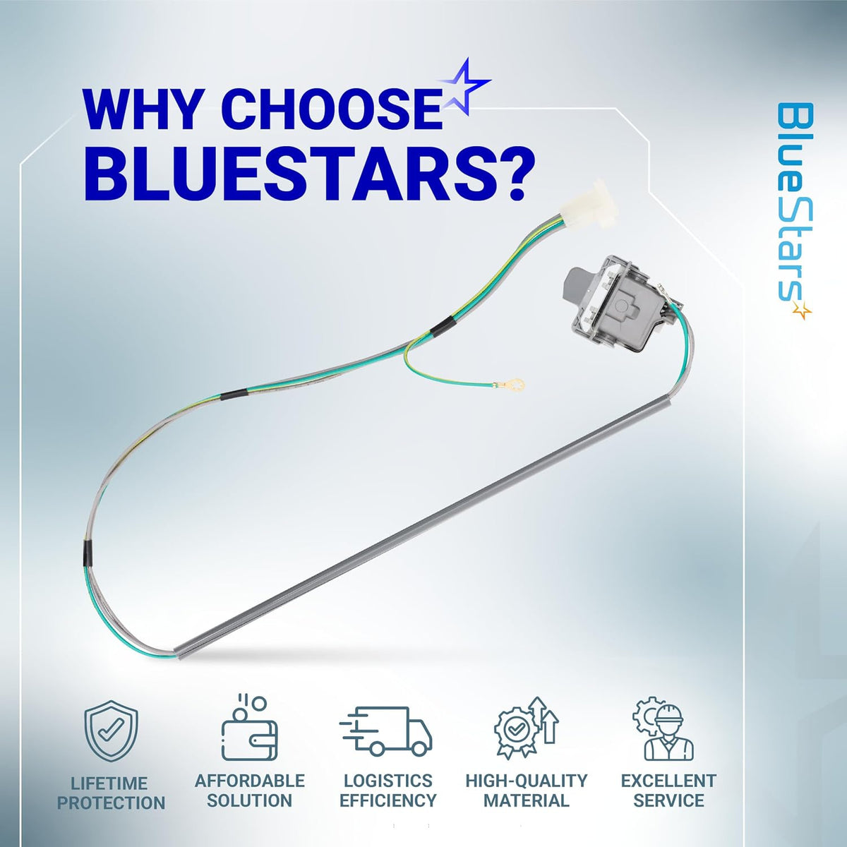 3355458 Washer Lid Switch Replacement shown with wiring harness in a BlueStars benefits graphic