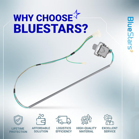 3355458 Washer Lid Switch Replacement shown with wiring harness in a BlueStars benefits graphic