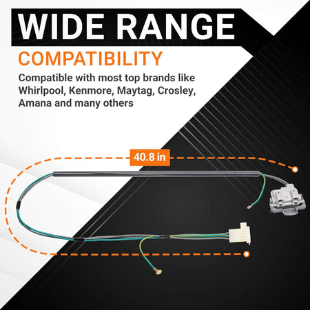 Infographic showing 40.8-inch length of 3355458 washer lid switch replacement for Whirlpool and Kenmore machines.
