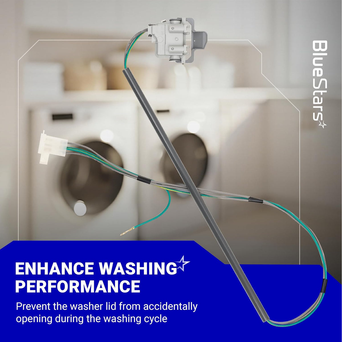 3355458 Washer Lid Switch Replacement, shown with wiring harness in front of a top-load washer