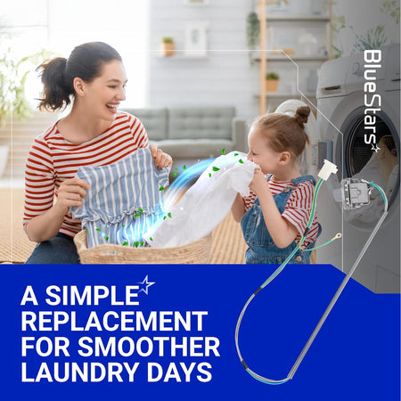 3355458 Washer Lid Switch Replacement graphic showing a woman and child doing laundry beside the switch and wire