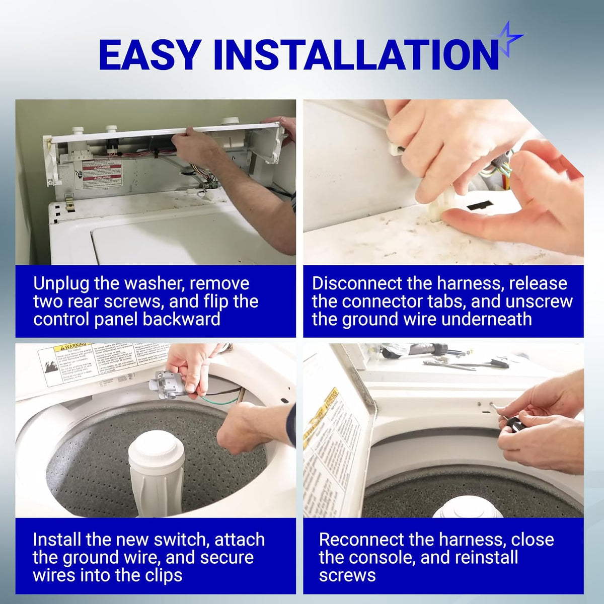3355458 Washer Lid Switch showing four installation steps inside a top-loading washing machine