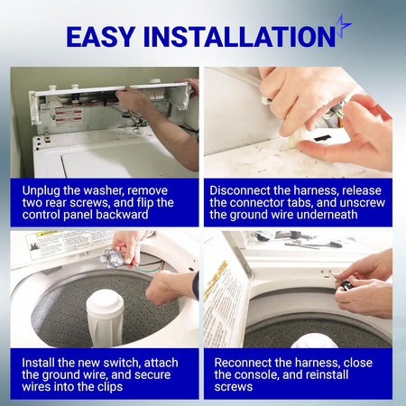 3355458 Washer Lid Switch showing four installation steps inside a top-loading washing machine