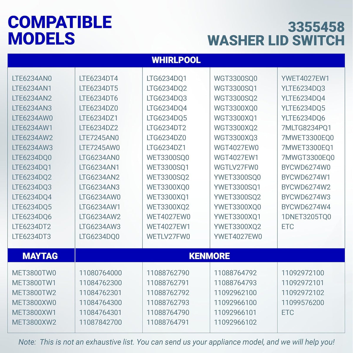 3355458 Washer Lid Switch compatibility chart listing Whirlpool, Maytag, and Kenmore models