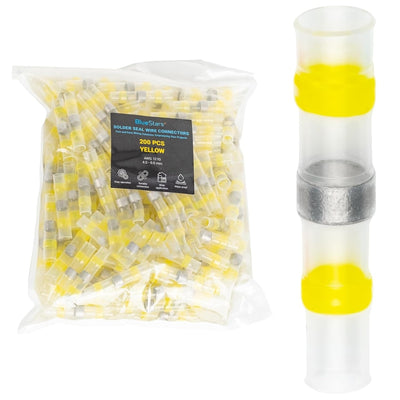 Bulk pack of 200 yellow 12-10 AWG solder seal wire connectors with a single connector close-up.