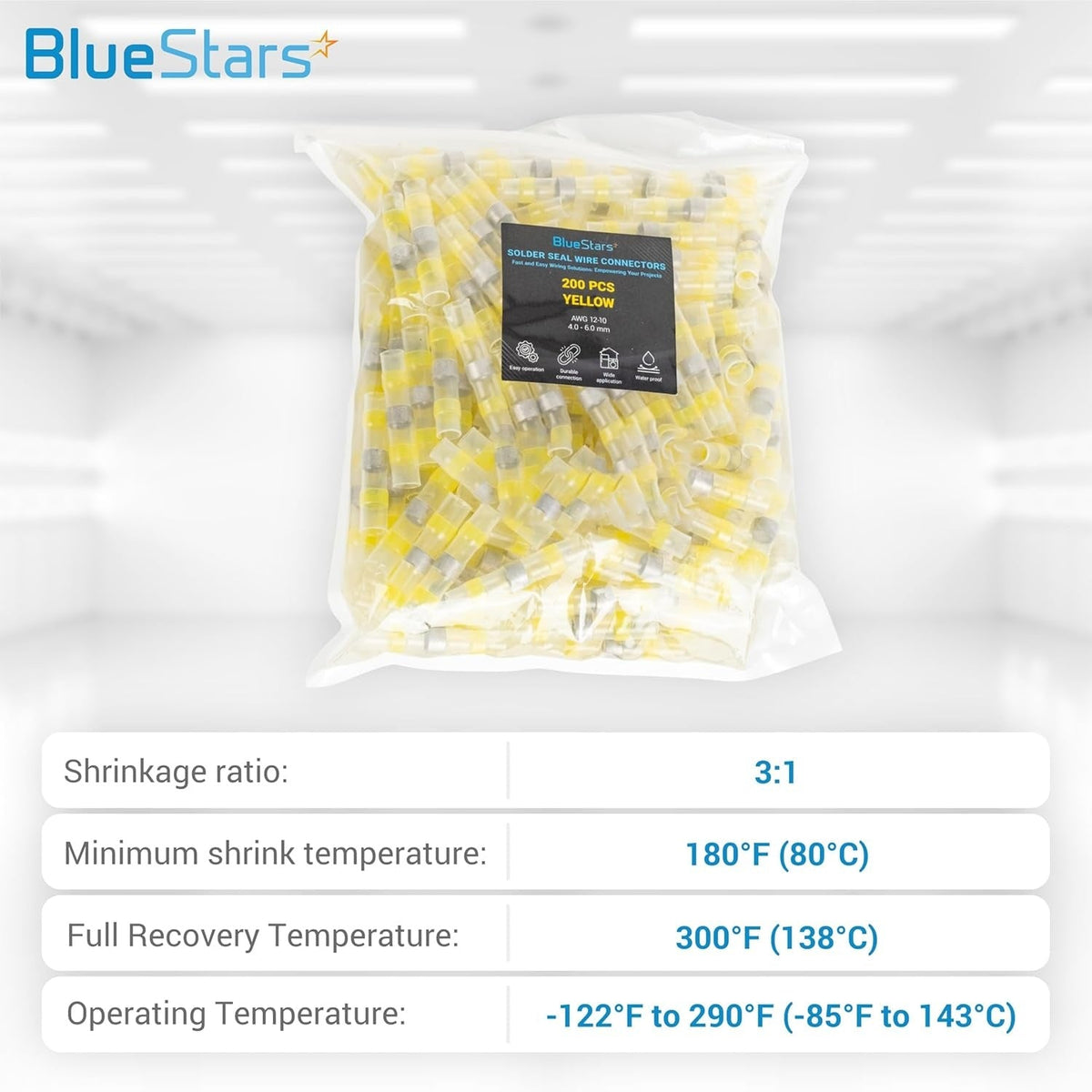 Bulk pack of 200 yellow 12-10 AWG solder seal wire connectors in a clear plastic bag with technical specifications.