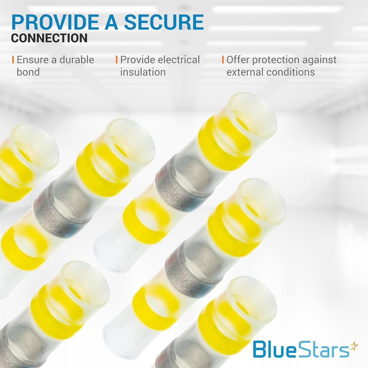 Yellow 12-10 AWG solder seal wire connectors providing secure electrical insulation and protection.