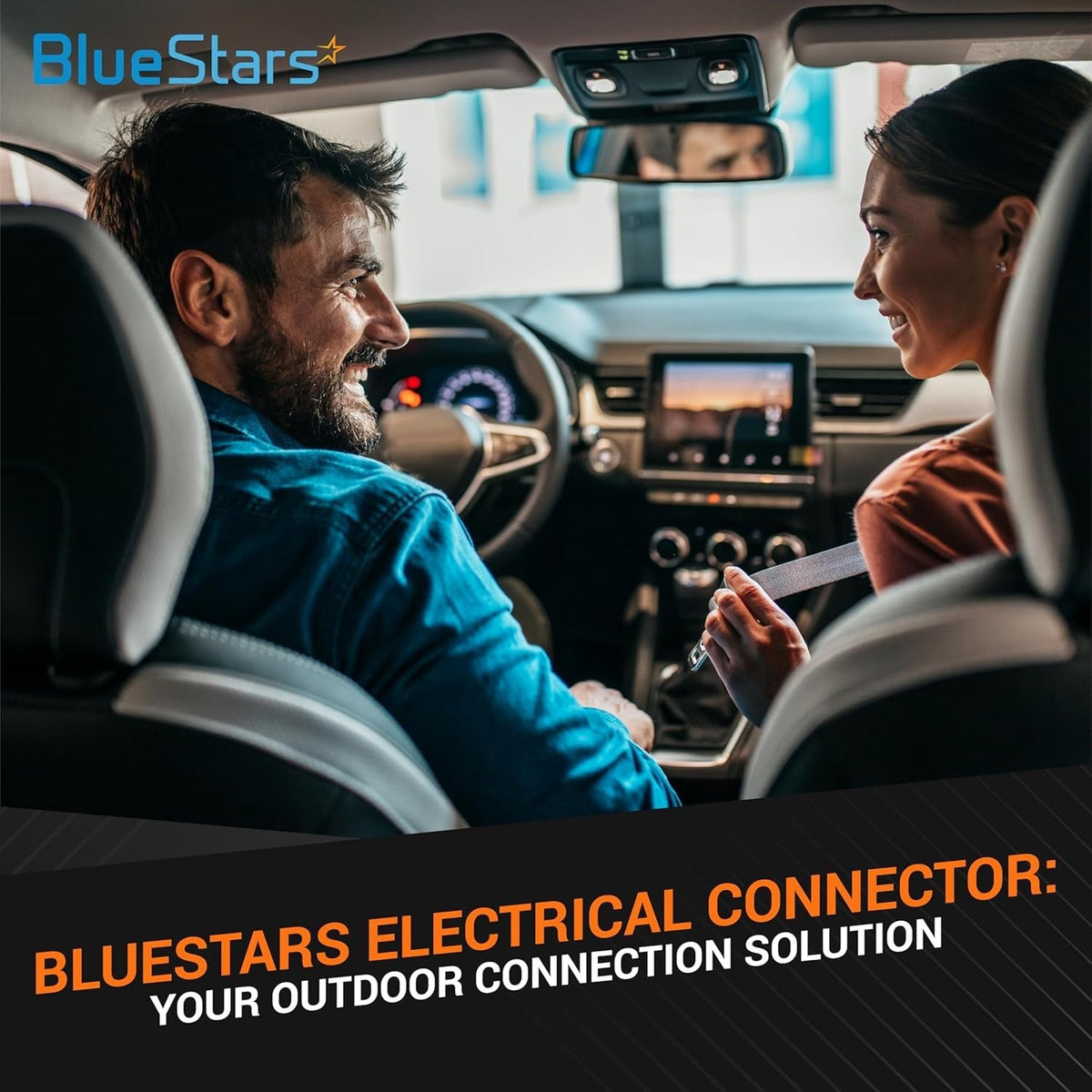 BlueStars promotional graphic featuring a couple in a car for yellow solder seal wire connectors.
