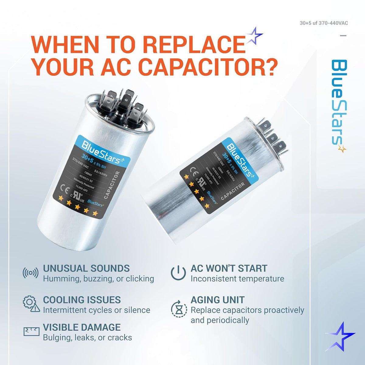Infographic showing two 30+5 uF 370/440 VAC round dual run capacitors with signs indicating when to replace AC parts.