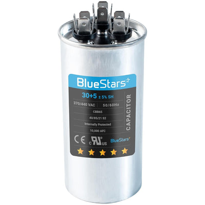 30+5 uF 370/440 VAC round dual run capacitor for AC motor and condenser fan start.