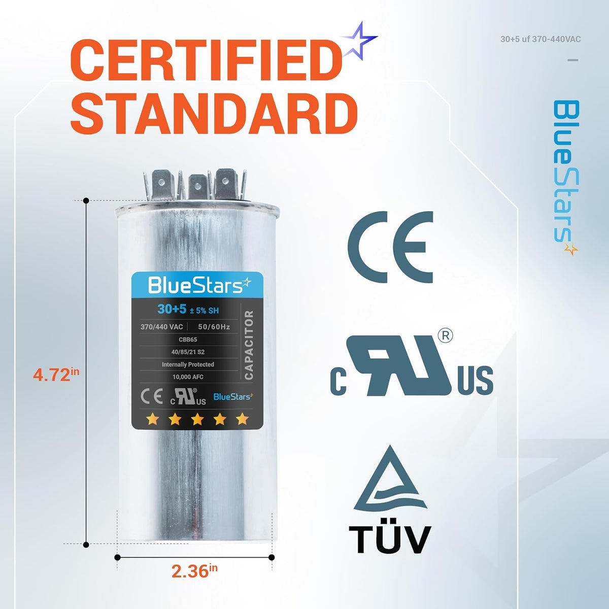 BlueStars 30+5 uF 370/440 VAC round dual run capacitor with dimensions and safety certification labels.