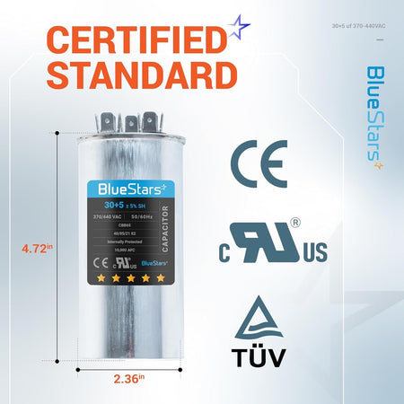 BlueStars 30+5 uF 370/440 VAC round dual run capacitor with dimensions and safety certification labels.