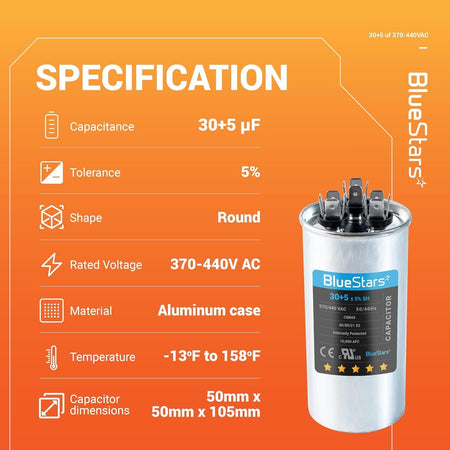 Specification chart for 30+5 uF 370/440 VAC round dual run capacitor with technical details and dimensions.