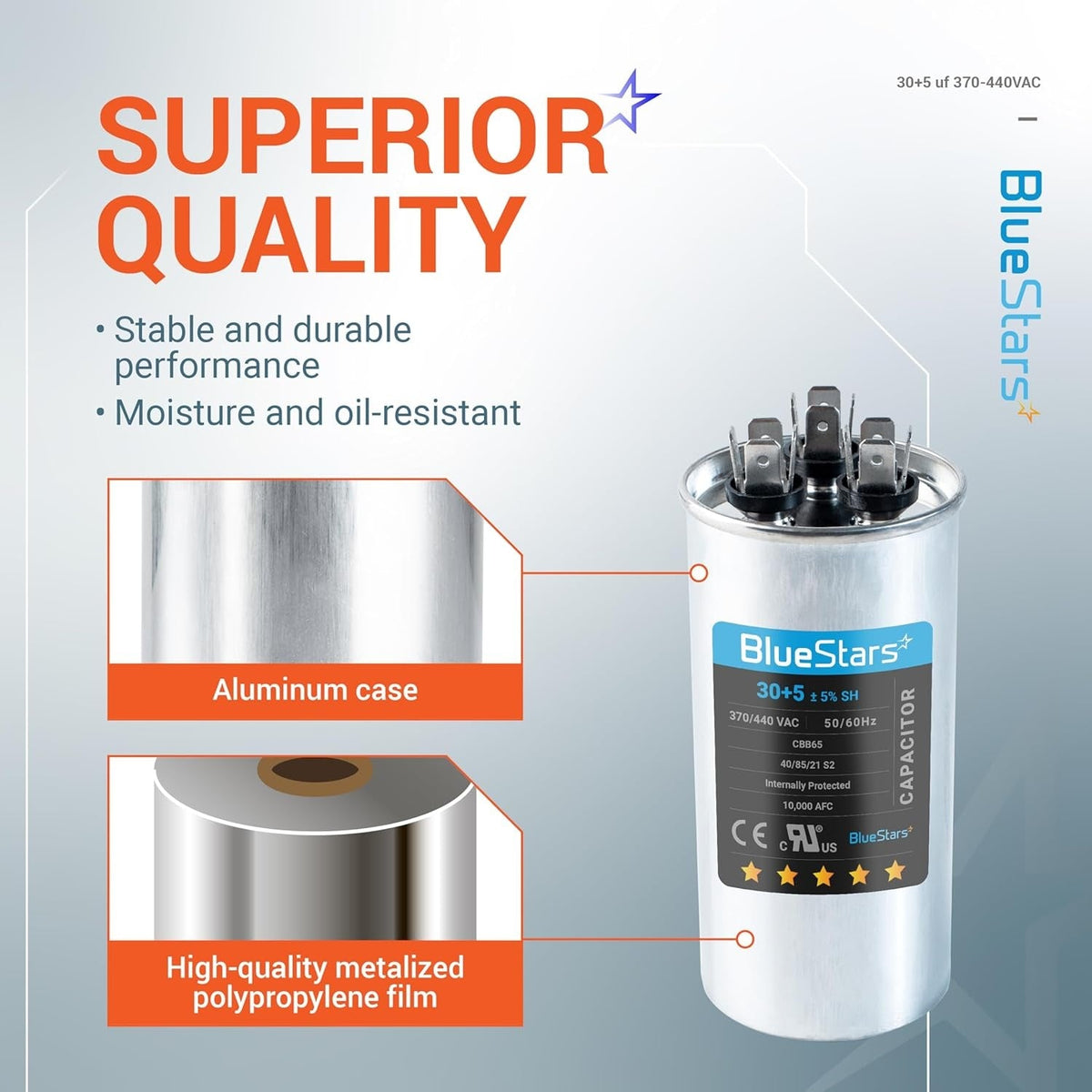 Infographic showing 30+5 uF 370/440 VAC round dual run capacitor with aluminum case and metalized polypropylene film details.