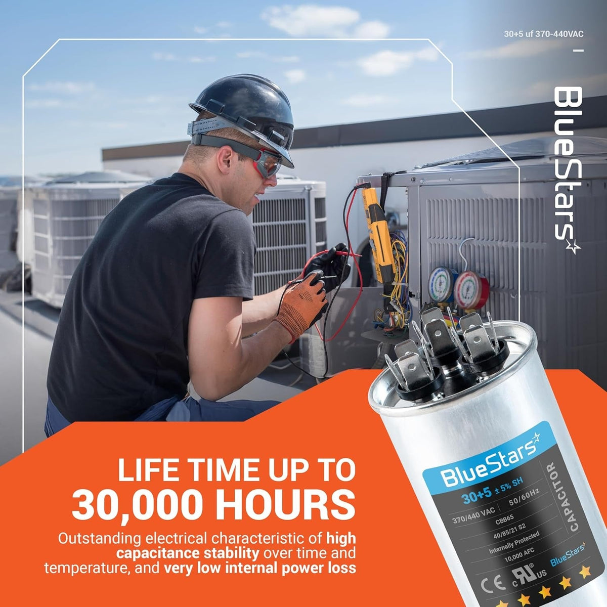30+5 uF 370/440 VAC round dual run capacitor for AC motor and condenser repair with technician in background.