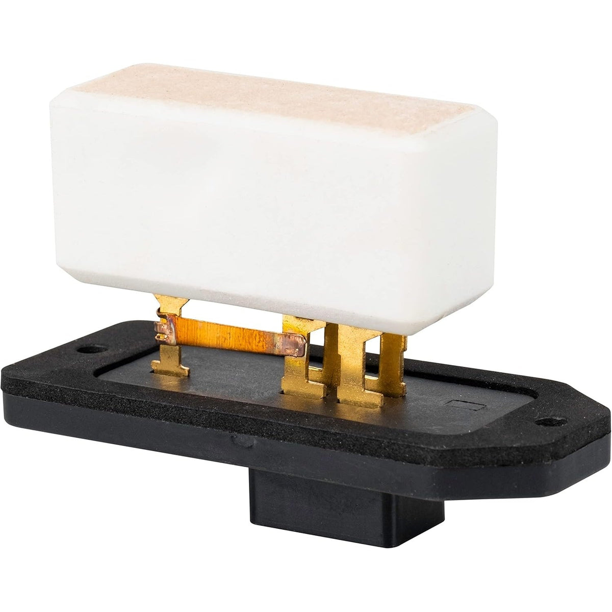 HVAC fan blower motor resistor with white ceramic block and black mounting base.