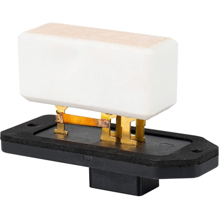 HVAC fan blower motor resistor with white ceramic block and black mounting base.