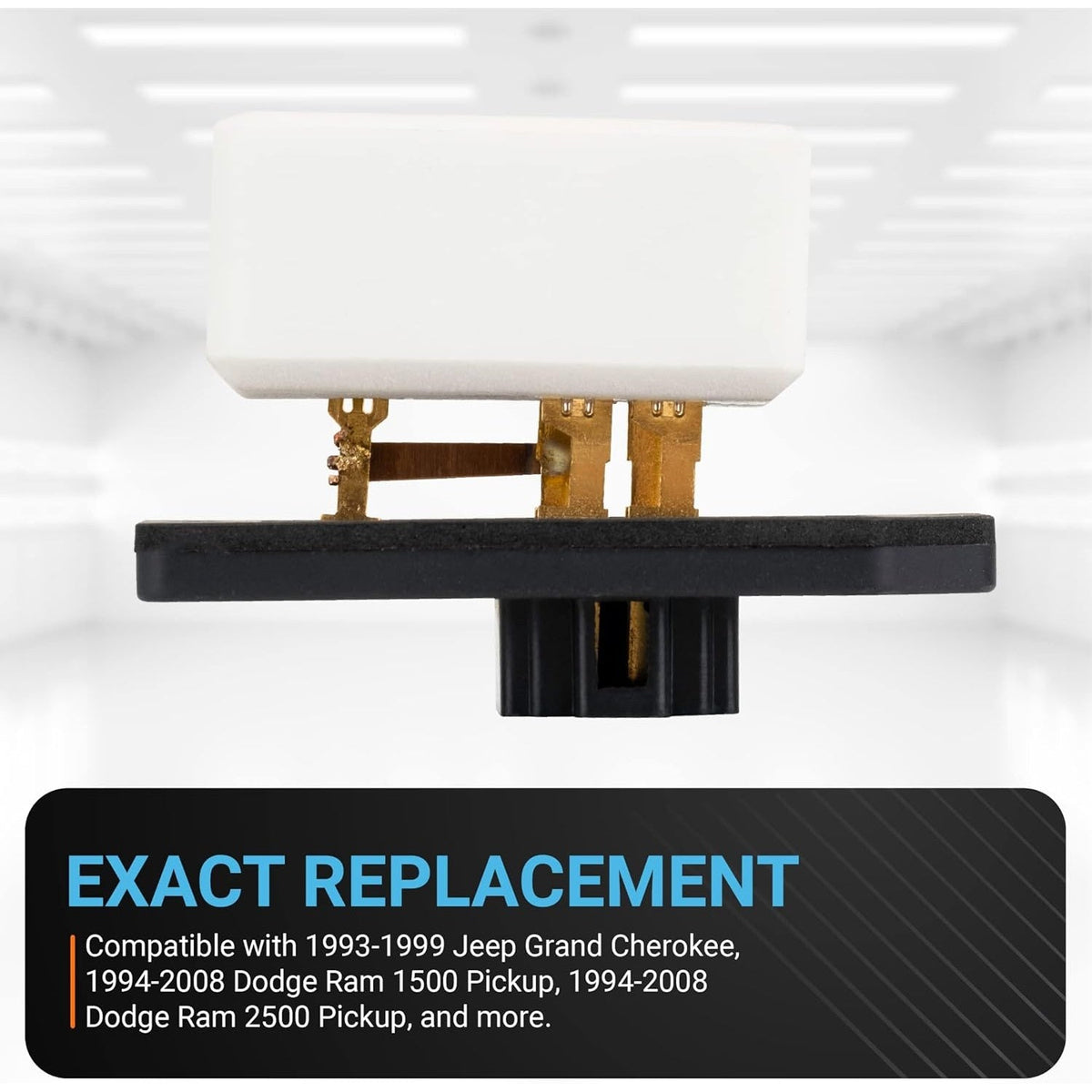 HVAC fan blower motor resistor replacement part with white ceramic block and black mounting base.