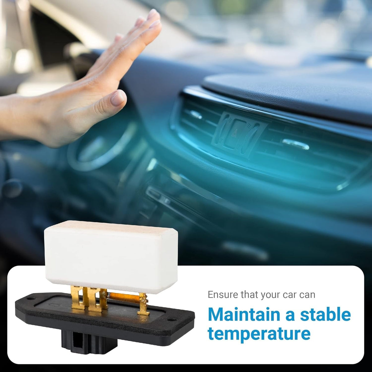 HVAC fan blower motor resistor 4720278 973-020 shown with car dashboard air vent for temperature control.